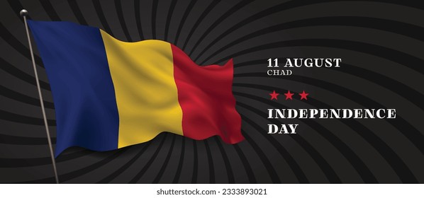 Chad independence day vector banner, greeting card. Chadi wavy flag in 11th of August national patriotic holiday horizontal design
