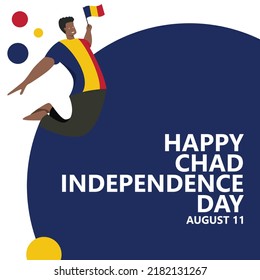 Chad independence day vector illustration with a man jumping and holding the national flag. African country public holiday celebrated annually on August 11