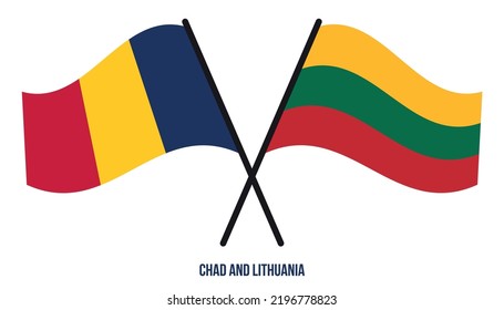 Banderas de Chad y Lituania Cruzadas y ondeadas de estilo plano. Proporción oficial. Colores correctos.