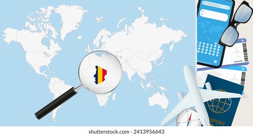 Chad is magnified over a World Map, illustration with airplane, passport, boarding pass, compass and eyeglasses. Vector illustration.