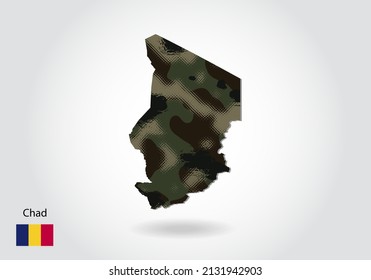 chad map with camouflage pattern, Forest - green texture in map. Military concept for army, soldier and war. coat of arms, flag.