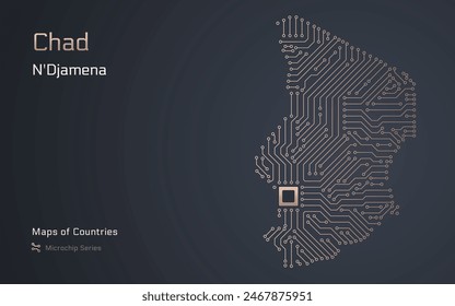 Chad Map with a capital of N'Djamena Shown in a Microchip Pattern with processor. E-government. World Countries vector maps. Microchip Series