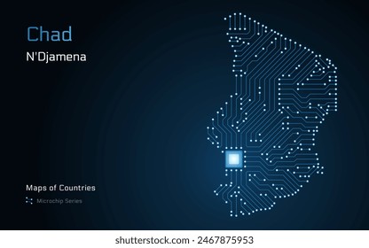 Chad Karte mit einer Hauptstadt von N'Djamena in einem Mikrochip Muster mit Prozessor gezeigt. E-Government. In: World Countrys Vektorgrafik Maps. Mikrochipserie