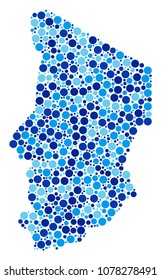 Chad Map collage of round spots in variable sizes and blue color tints. Random circle elements are composed into Chad Map illustration. Vector cartography blue map vector illustration.