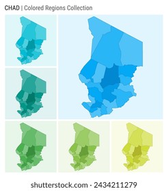 Chad map collection. Country shape with colored regions. Light Blue, Cyan, Teal, Green, Light Green, Lime color palettes. Border of Chad with provinces for your infographic. Vector illustration.