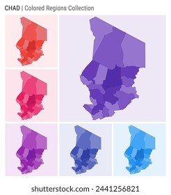 Colección de mapas de Chad. Forma de país con regiones de color. Paletas de colores Deep Purple, Red, Pink, Purple, Indigo, Blue. Frontera de Chad con las provincias para su infografía. Ilustración vectorial.