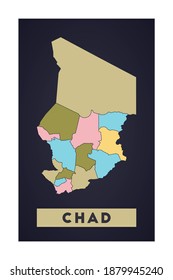Chad map. Country poster with regions. Shape of Chad with country name. Stylish vector illustration.