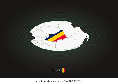 Chad map in dark color, oval map with neighboring countries. Vector map and flag of Chad