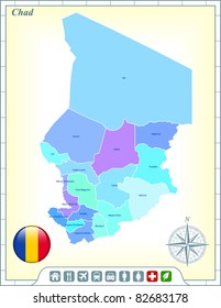 Chad Map with Flag Buttons and Assistance & Activates Icons Original Illustration
