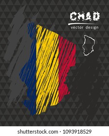 Chad map with flag inside on the black background. Chalk sketch vector illustration