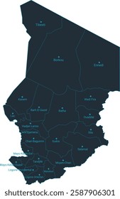 Chad map high detailed with administrative divide by state, capital cities names, outline simplicity style. Vector illustration EPS10.