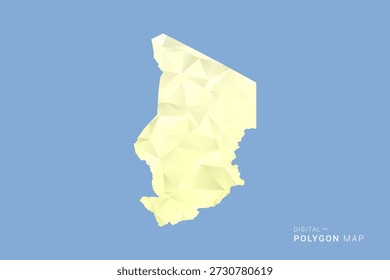 Mapa de Chad en estilo de Vector de polígono de polietileno bajo, ilustración de forma geométrica con tonos amarillos suaves sobre fondo azul, silueta limpia para infografía.