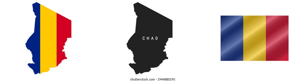 Chad. Map with masked flag. Detailed silhouette. Waving flag. Vector illustration isolated on white.