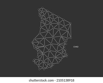 Chad Map Point skaliert auf schwarzem Hintergrund. Weiße Linie, Punkt- und Schattenpunkt des Netzwerks mit Drahtrahmen.