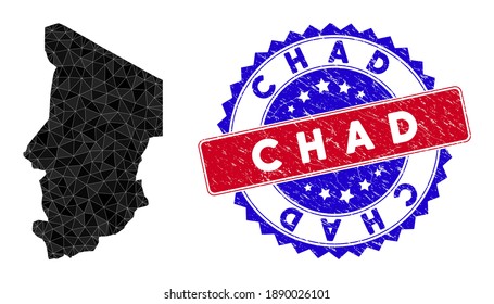 Chad mapea malla poligonal con triángulos rellenos y un sello de goma bicolor rascado. Mapa Chad de mosaico triangular con modelo vectorial de malla, triángulos de diferentes tamaños, posiciones y tintos de color.