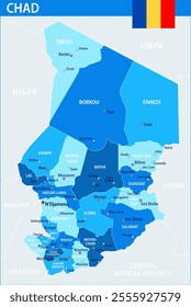 Chad Map Vector Blue Spot - Customizable layered political map of Chad with administrative divisions for website, education, reports, news, politics, print, poster and wallpaper