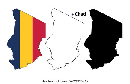 Mapa do Chade Vetor - Contorno do país, Bandeira dentro do mapa, em branco e versão Silhueta