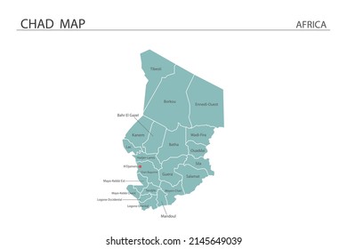 Chad map vector illustration on white background. Map have all province and mark the capital city of Chad. 