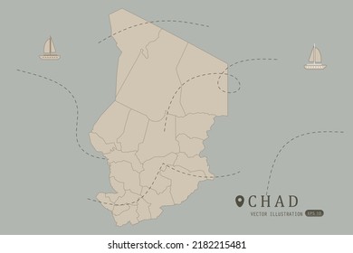 Chad Map - World Map International vector template High detailed with brown color isolated on grey background including simple point of location, wind, boat icon - Vector illustration eps 10