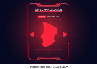 Chad Map - Weltkarte Internationale Vektorvorlage mit Roter Farbe im Perspektivstil und HUD, GUI, Benutzeroberfläche einzeln auf schwarzem Hintergrund für Design - Vektorgrafik eps10