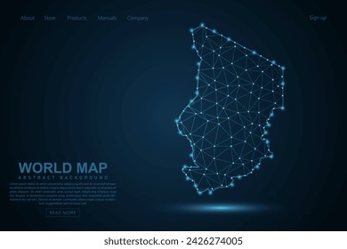Mapa de Chad - Mapa del Mundo línea de masa y escalas de puntos sobre fondo azul de la tecnología. Línea de red poligonal de malla 3D de marco de alambre, esfera de diseño, punto y estructura - Ilustración vectorial eps 10