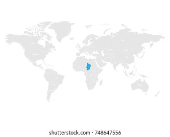 Chad marked by blue in grey World political map. Vector illustration.