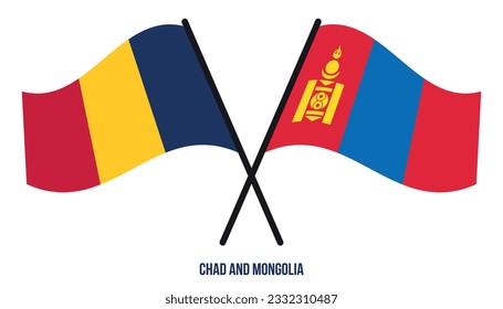 Die Flaggen des Tschad und der Mongolei überquerten und wehenden Flachstil. Offizieller Anteil. Korrigieren Sie Farben.
