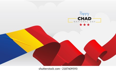 Chad National Day greeting banner with waving national flag on white cloud vector illustration