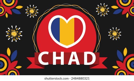 Chad National day vector banner design illustration with flag colors, geometric shapes and typography. fireworks and ribbon elements.