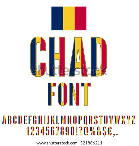Chad national flag stylized font. Alphabet and Numbers in Vector Set