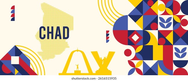 Chad national vector banner featuring the flag, dotted map, landmarks, and geometric pattern design