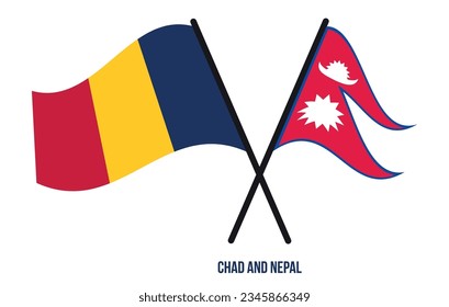 Banderas de Chad y Nepal Cruzadas y ondeando estilo plano. Proporción oficial. Colores correctos.