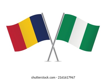 Chad and Nigeria crossed flags. Chadian and Nigerian flags on white background. Vector icon set. Vector illustration.