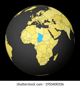 Chad on dark globe with yellow world map. Country highlighted with blue color. Satellite world projection centered to Chad. Trendy vector illustration.