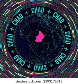 Chad on globe. Satelite view of the world centered to Chad. Bright neon style. Futuristic radial bricks background. Creative vector illustration.