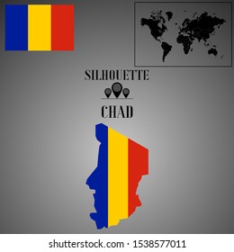 Chad outline world map silhouette vector illustration, creative design background, national country flag, design element, symbols from countries all continents set. 