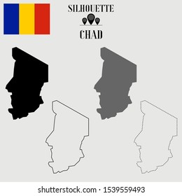 Chad outline world map, solid, dash line contour silhouette, national flag vector illustration design, isolated on background, objects, symbol from countries set