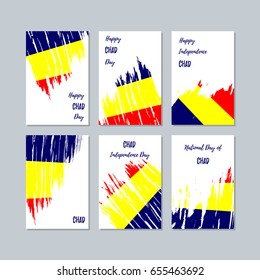 Chad Patriotic Cards for National Day. Expressive Brush Stroke in National Flag Colors on white card background. Chad Patriotic Vector Greeting Card.