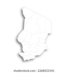 Chad political map of administrative divisions - regions. Flat white blank map with thin black outline and dropped shadow.