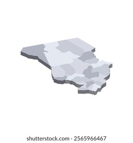 Chad political map of administrative divisions - regions. 3D isometric blank vector map in shades of grey.