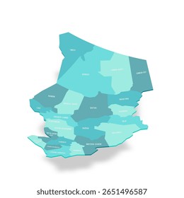 Mapa político das divisões administrativas do Chade - regiões. Mapa de vetor turquesa 3D com rótulos de nome.