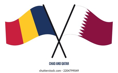 Chad and Qatar Flags Crossed And Waving Flat Style. Official Proportion. Correct Colors.