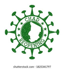 Chad Reopening Stamp. Green round badge of country with map of Chad. Country opening after lockdown. Vector illustration.