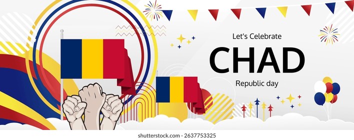 Chad Republic Day modern greeting banner. 28 November Happy Chad National Day. Festive horizontal background with flag colors, great for carnival poster, celebrations, holidays flash sale