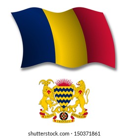chad shadowed textured wavy flag and coat of arms against white background, vector art illustration, image contains transparency transparency