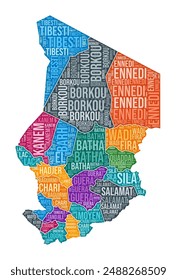 Chad shape. Country word cloud with region division. Chad colored illustration. Region names cloud. Vector illustration.