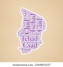 Chad shape formed by country name in multiple languages. Chad border on stylish striped gradient background. Vibrant poster. Artistic vector illustration.