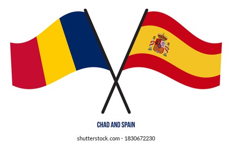 Chad and Spain Flags Crossed And Waving Flat Style. Official Proportion. Correct Colors.