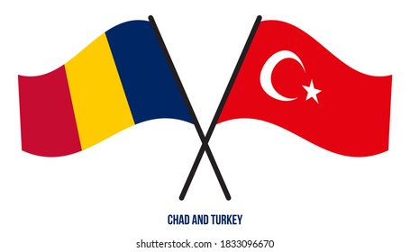 Tschad und die Türkei Flaggen überquert und wehend flach Stil. Offizieller Anteil. Korrigieren Sie Farben.