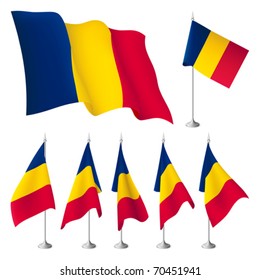 Chad vector flags. A set of flags with metal stand, and one wavy flag fluttering on the wind. Created using gradient meshes.